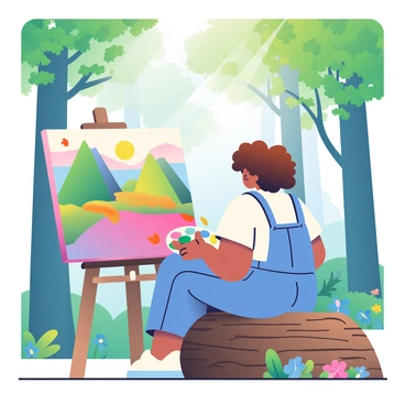An artist with light skin and curly brown hair is sitting on a rustic log in a vibrant forest. She is wearing a loose-fitting white shirt and denim overalls, with paint splatters adorning her clothing. In front of her, a large canvas on an easel displays a colorful landscape. The artist is holding a palette filled with various shades of paint in one hand and a paintbrush in the other, focused intently on her work. Surrounding her are tall trees with lush green leaves, and colorful wildflowers are scattered around the forest floor. Sunlight filters through the branches, casting dappled light on the scene.