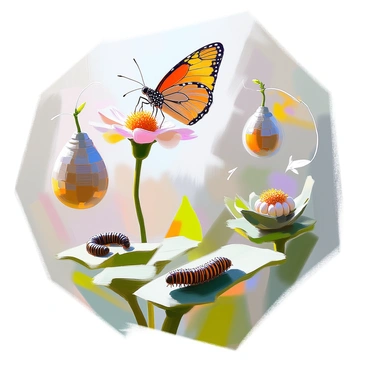 A circular frame enclosing the detailed stages of a butterfly's life cycle. The top section depicts "an adult butterfly with colorful wings" resting on a flower. Below this, the next stage shows "a chrysalis hanging from a branch", with a texture that indicates its translucent shell. The section beneath features "a caterpillar munching on green leaves", illustrated in vibrant colors. Finally, the bottom part displays "tiny eggs clustered on a leaf", showcasing their oval shapes and delicate texture. Each stage is arranged in a clockwise manner, smoothly transitioning from one to the next, capturing the transformation of the butterfly.