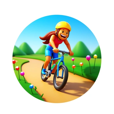 A cyclist dressed in a bright helmet and colorful cycling gear is zipping down a scenic trail. The cyclist has a wide smile, showcasing enjoyment and excitement. The wind is visibly tousling their hair as they ride. The trail is surrounded by lush greenery and vibrant wildflowers, with a clear blue sky above. The sunlight bathes the scene, highlighting the cyclist and the natural beauty of the surroundings.