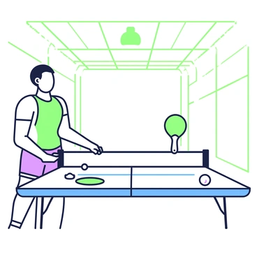 A person is standing beside a table tennis table, preparing to set up the net. They have short hair and are wearing a fitted athletic shirt and shorts. The individual is holding the two ends of the net, which is being stretched across the center of the table. The table tennis table features a smooth surface, and the blue lines marking the borders are clearly visible. Nearby, there are a couple of table tennis paddles and several balls placed on the table, ready for the game. The background shows a spacious indoor sports hall with a high ceiling and bright overhead lights.