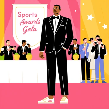 Michael Jordan dressed in a classic black tuxedo with a white shirt and a black bow tie. He stands confidently on a red carpet, surrounded by glimmering lights and elegant decorations. In the background, there are tables with white tablecloths adorned with golden centerpieces. Cameras flash as he poses for photos, with a large banner that reads "Sports Awards Gala" displayed prominently. His iconic Air Jordans peek out from beneath his tuxedo pants. A group of excited fans and reporters are gathered nearby, eagerly waiting for his attention.