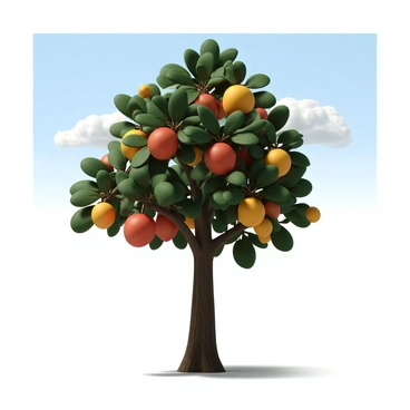 A tall, leafy tree with a thick trunk, branches extending outward, is laden with solid-colored fruit in vibrant shades of red, yellow, and green. The fruit hangs in clusters, contrasting against the tree's dark green leaves. The background features a clear blue sky with a few fluffy white clouds, creating a bright and sunny atmosphere. Light filters through the leaves, casting soft shadows on the ground below the tree.