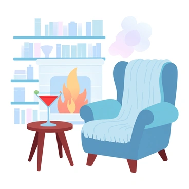 A glass of negroni is placed on a small wooden side table next to a cozy armchair. The armchair is upholstered in a plush fabric and has a thick knitted blanket draped over one arm. Behind the chair, a crackling fireplace is emitting warm, flickering flames, casting a soft glow throughout the room. The walls are adorned with bookshelves filled with various books, and a few decorative items are scattered on the shelves. A gentle light illuminates the entire scene, enhancing the warm atmosphere.