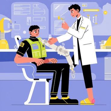 A mercenary sitting in a sleek, metallic chair in a high-tech lab. The mercenary has short, dark hair and is wearing a tactical vest with various pockets. A futuristic technician, wearing a white lab coat with glowing accents, is adjusting a robotic arm attached to the mercenary. The lab is filled with advanced machinery, glowing screens, and various cybernetic parts on display. Bright lights illuminate the scene, highlighting both the mercenary's serious expression and the technician's focused demeanor.