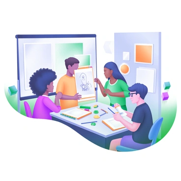 A colorful classroom setting featuring a group of diverse students. There are four students, each with different hairstyles and clothing styles, sitting around a large table covered with sketchbooks, colored pencils, and brushes. One student with curly hair is showing a drawing to a student with straight hair, who is listening attentively. Another student wearing glasses is adding color to their sketch, while a fourth student is busy flipping through a book for inspiration. The walls are decorated with various art pieces and posters, creating an inviting atmosphere for creativity and collaboration.