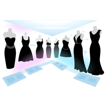 A spacious exhibit hall showcases a variety of iconic black dresses displayed on elegant mannequins. Each dress represents a different era in fashion history, from a classic 1920s flapper dress with fringe to a sleek, modern silhouette of the 21st century. Soft lighting highlights the intricate details and textures of the fabrics, creating a warm ambiance. Alongside the dresses, informative plaques provide historical context and significance. The walls are adorned with a gradient of pastel colors that complement the black garments, enhancing the visual appeal of the exhibit.