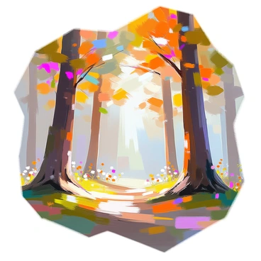 A forest scene filled with tall trees, each adorned with leaves that resemble colorful digital art palettes. The trunks are sturdy and textured, rising majestically towards the sky. The ground is covered with a layer of soft green moss, and scattered among the trees are small wildflowers in various colors. Sunlight filters through the branches, casting dappled light on the vibrant leaves, enhancing their artistic appearance, while a gentle breeze causes the palettes to flutter slightly.