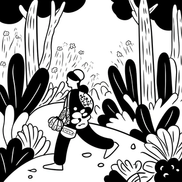 A "Shugao" figure with a distinctive design is walking on a winding path through a dense rainforest. The figure is adorned with intricate patterns and is carrying a small satchel. Surrounding the figure are tall, exotic plants with large leaves and unique shapes. There are ferns and flowering plants with various textures interspersed throughout the scene. In the background, tall trees reach upwards, their trunks thick and gnarled, contributing to the dense canopy overhead. The ground is covered with rich foliage and scattered stones, suggesting a lush, vibrant ecosystem.