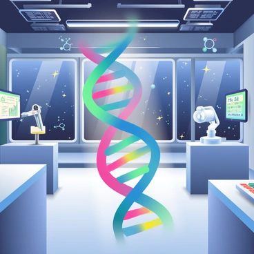 A brightly colored DNA double helix is prominently floating in the center of a futuristic laboratory. The DNA strand features vibrant colors such as neon green, blue, and pink, with glimmering segments reflecting light. Surrounding the DNA are sleek, metallic surfaces with digital displays showing various genetic sequences and data. The laboratory has large windows revealing a starry night sky, and there are holographic screens projected around the room displaying molecular structures. In the background, a robotic arm is positioned, ready to interact with the floating DNA.