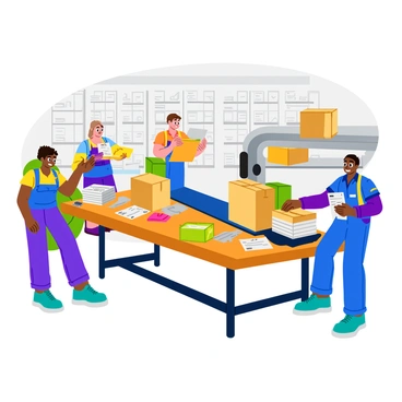 A group of three workers sorting mail and packages in a brightly lit postal distribution center. One worker is standing at a table, carefully organizing letters into stacks, while another is placing boxes onto a conveyor belt. The third worker is checking the labels on a large package. Various colorful envelopes and cardboard boxes are scattered across the tables, and large shelves filled with sorted mail can be seen in the background. The workers are wearing uniforms with identifiable logos, and there are postal signs and equipment throughout the center.