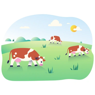 A vast grassy field stretches across the scene, filled with lush green grass swaying gently in the breeze. Several content brown and white cows are grazing leisurely throughout the field, their bodies casting soft shadows on the ground. In the background, a clear blue sky is visible, dotted with a few fluffy white clouds. The sun is shining brightly, illuminating the peaceful landscape and enhancing the vibrant colors of the field and the cows.