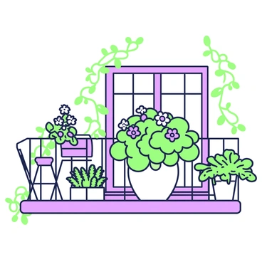 A small balcony features a variety of pots filled with blooming plants and lush greenery. In the center, there is a large pot with vibrant flowers, displaying numerous petals. Surrounding this pot are smaller containers holding different types of plants, such as ferns and succulents. The railing of the balcony is partially covered with trailing vines, enhancing the natural atmosphere. In one corner, there is a small wicker chair accompanied by a side table, adding a cozy seating area to the space.