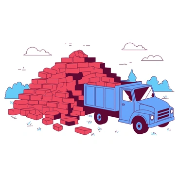 A blue truck is parked beside a large pile of red bricks under a bright, clear sky. The pile of bricks is stacked high, showcasing various sizes and shapes, with some bricks slightly dislodged at the top. The sun casts shadows onto the ground, highlighting the texture of the bricks and the truck's surface. In the background, there are subtle hints of green grass and a few distant trees, providing a contrast to the vibrant colors.