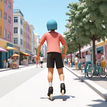 A person, wearing a bright blue helmet, red t-shirt, and black shorts, is rollerblading down a lively urban street. The street is lined with tall buildings, colorful storefronts, and bustling pedestrians. The person's arms are slightly outstretched for balance as they glide smoothly on the sidewalk, with their rollerblades glinting in the sunlight. In the background, there are people chatting, bicycles parked by the curb, and a street vendor selling snacks. Trees are planted along the street, providing patches of shade. A clear blue sky is visible above.
