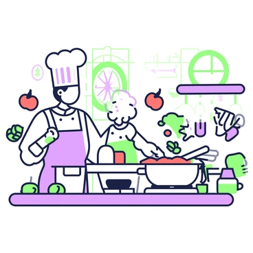A chef with a white coat and a tall chef's hat stands in a bustling kitchen. The chef is juggling several vibrant ingredients, including red tomatoes, green bell peppers, and a handful of herbs, while maintaining focus on a dish simmering in a pot over a flame. The kitchen is filled with various cooking utensils, pots, and pans. In the background, there are other chefs working diligently at their stations, and a large clock is visible on the wall, indicating a busy mealtime. A window reveals a glimpse of the outside world, adding to the lively atmosphere.