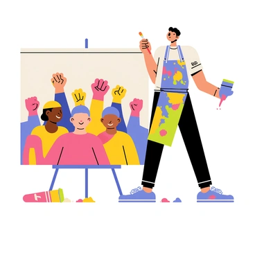 An artist standing in front of a large rectangular canvas with a vibrant, colorful mural representing social justice themes. The canvas features bold symbols and figures, such as raised fists and diverse faces, illustrating unity and strength. The artist, wearing a paint-splattered apron, is holding a paintbrush in one hand while applying bright paint with the other. There are splatters of paint on the ground around the artist, and art supplies like tubes of paint and brushes are scattered nearby. The overall scene conveys a sense of passion and purpose.