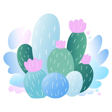 A variety of cacti species are arranged closely together, showcasing their unique shapes and sizes. Each cactus has intricate patterns of spines and textures illustrated with fine lines. Some of the cacti have rounded bodies, while others are tall and slender. There are also cacti with vibrant flowers blooming at the top, adding pops of color. The background features a subtle gradient of pastel colors that enhances the foreground cacti.