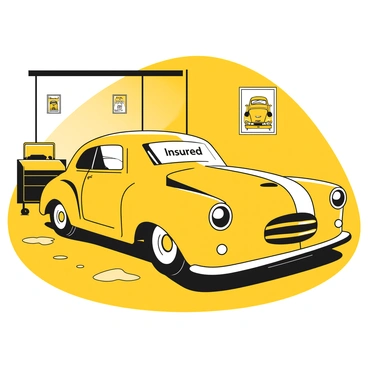 A classic car parked under a protective cover labeled 'Insured'