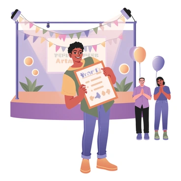 A young artist is standing in front of a stage at a youth awards ceremony. The artist is on the left, with medium skin and short curly hair, wearing a colorful shirt and denim jeans. They are beaming with pride while holding a large certificate with the words "Youth Art Award" clearly visible in bold letters. The background features a festive setting with banners and balloons in vibrant colors. To the right, a small crowd of supporters can be seen clapping and smiling, capturing the joyous atmosphere of the event. A spotlight is shining down on the young artist, emphasizing their moment of achievement.