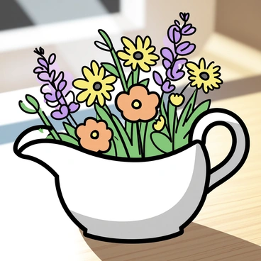 A white gravy boat, repurposed as a vase, sits on a wooden table. The gravy boat has a curved spout and a handle, showcasing its original design. Inside the gravy boat, a colorful bouquet of wildflowers is arranged. The bouquet includes vibrant yellow daisies, delicate purple lupines, and bright orange poppies, with green stems and leaves elegantly cascading over the sides. Sunlight casts soft shadows on the table, highlighting the textures of the flowers and the ceramic surface of the gravy boat.