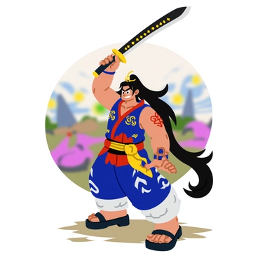 A muscular figure of Sukuna stands in a fierce stance, showcasing a confident expression with intense, glowing eyes. He wields a large katana with intricate designs on the blade, held high above his head, ready for battle. His long, flowing hair billows dramatically in the wind, and he wears traditional samurai armor with ornate patterns that gleam under the light. The ground beneath him is cracked, suggesting a powerful presence, and the background features a blurred, chaotic battlefield, enhancing the tension of the moment.
