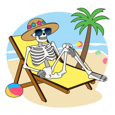 A cute skeleton with a cheerful expression is lounging on a bright yellow beach chair. It wears a large, floppy sunhat decorated with colorful flowers, positioned slightly askew on its bony head. The skeleton has oversized, stylish sunglasses perched on its eye sockets, reflecting the blue sky. Its arms are relaxed behind its head, and its legs are stretched out, with a small towel draped over them. In the background, there are hints of a sunny beach scene, including a few colorful beach balls and palm trees swaying in the gentle breeze.