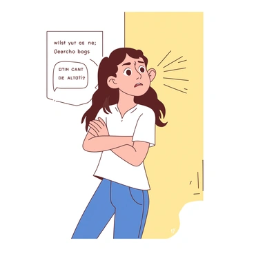 A girl with long brown hair is standing with her ear pressed against a pale yellow wall. She has a concerned expression on her face, with her eyebrows furrowed and lips slightly parted, indicating pain. Her eyes are wide, reflecting her worry as she listens intently to muffled voices coming from the other side. Wearing a simple white shirt and blue jeans, she has her arms crossed in front of her, emphasizing her anxious stance. The lighting in the scene is dim, creating a sense of tension around her.