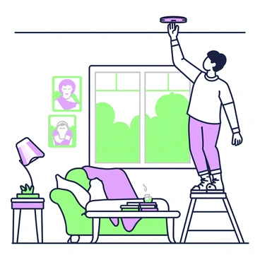 A family member is installing a smoke detector on the ceiling of a cozy living room. The room features a comfortable sofa covered with a soft blanket, positioned against a wall adorned with family photos in frames. A coffee table in front of the sofa holds a few books and a steaming mug. The family member, wearing a casual shirt and jeans, stands on a step ladder, reaching up towards the ceiling. There is a small potted plant on the windowsill, allowing natural light to filter in through the window. A warm, inviting atmosphere fills the space, enhanced by a gentle glow from a nearby lamp.