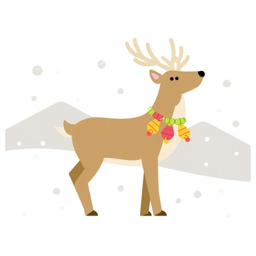 A reindeer standing in a snowy field, surrounded by soft white snowflakes gently falling from the sky. The reindeer has a rich brown coat with large, majestic antlers. Around its neck, there are several colorful jingle bells, each with a bright red, green, and gold hue, reflecting the soft winter sunlight. In the background, there are distant snow-covered hills, creating a peaceful winter scene.