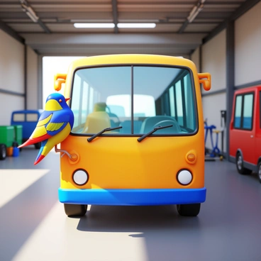 A small, curious bird with vibrant feathers perched on the edge of a bus window. The bus is painted in bright colors, parked inside a spacious garage. Sunlight filters into the garage, casting soft shadows on the ground. The bird is looking inside the bus, its head slightly tilted, with a background of parked vehicles and tools scattered around the garage. The scene captures a moment of curiosity and exploration.