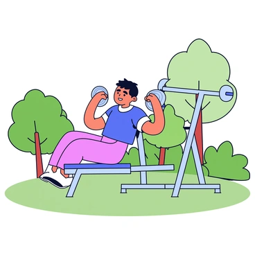 A person is positioned on a bench at an outdoor gym, engaging in a chest press exercise. The individual has a focused expression, with their arms extended above their chest, grasping weights in each hand. The bench is sturdy and has a simple design, made of metal with a padded surface. Surrounding the gym area is lush green grass and a few trees in the background. The sky is clear, and soft sunlight casts gentle shadows on the ground, highlighting the fitness equipment nearby.
