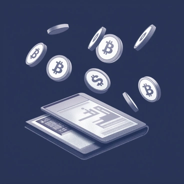 A digital wallet is depicted in the foreground, showcasing its sleek design and distinct features such as a screen displaying transaction details and a small button. Surrounding the wallet are numerous floating Bitcoin symbols, each clearly visible and evenly spaced, emphasizing their shape and distinctive design. The background is dark, creating a stark contrast that highlights the wallet and the Bitcoin symbols. The overall composition focuses on the interaction between the wallet and the floating symbols, conveying a sense of modern technology and finance.