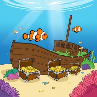A vibrant clownfish with orange and white stripes swims energetically among the coral. The clownfish is navigating around an old, partially submerged shipwreck that is covered in colorful algae and seaweed. Several treasure chests are scattered near the ship, their surfaces glimmering with gold and jewels. Brightly colored fish of various shapes and sizes dart in and out of the scene, adding liveliness to the underwater environment. Sunlight filters down through the water, creating patterns of light that dance across the sand below.