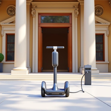 A Segway standing upright with its handle and wheels clearly visible, positioned near the entrance of a grand museum. The museum has large, majestic columns and intricate architectural details. The entrance is marked by wide, inviting doors that are slightly ajar. Dappled sunlight casts shadows on the polished floor in front of the museum. A charging cable is connected to the Segway, with a small charging station nearby.