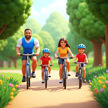 A family of four biking together on a scenic trail. The cyclists include a father and mother, both wearing colorful cycling jerseys, and two children, wearing helmets. Each cyclist has well-defined muscular legs visible as they pedal. The trail is surrounded by lush greenery, with trees lining the path and wildflowers blooming in various colors alongside it. Sunlight filters through the leaves, creating dappled shadows on the ground as they ride. The scene captures their joyful expressions as they enjoy the outdoors together.