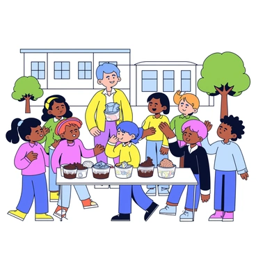 A schoolyard filled with children engaging in a learning activity. The children are gathered around a teacher who is standing in front of a small table. The teacher is showing examples of soil pollution, with small containers of dirt that vary in color and texture. Some containers have visible trash and debris, while others appear clean and healthy. The children are diverse, with different hairstyles and clothing, looking curious and attentive. In the background, there are trees and a simple school building. The sky is clear and bright, indicating a sunny day.