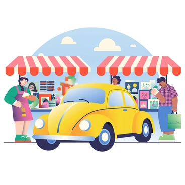 A classic Beetle car in bright yellow is parked in the foreground of a vibrant vintage market scene. The car's shiny exterior reflects the colorful surroundings. Around the car, there are various market stalls with striped canopies filled with an array of vintage items such as clothing, jewelry, and antiques. People of different ages and ethnicities are browsing the stalls, some holding shopping bags. A woman with curly hair is examining a decorated vase, while a man in a plaid shirt is looking at a collection of vinyl records. Behind them, a blue sky dotted with fluffy white clouds creates a pleasant atmosphere.