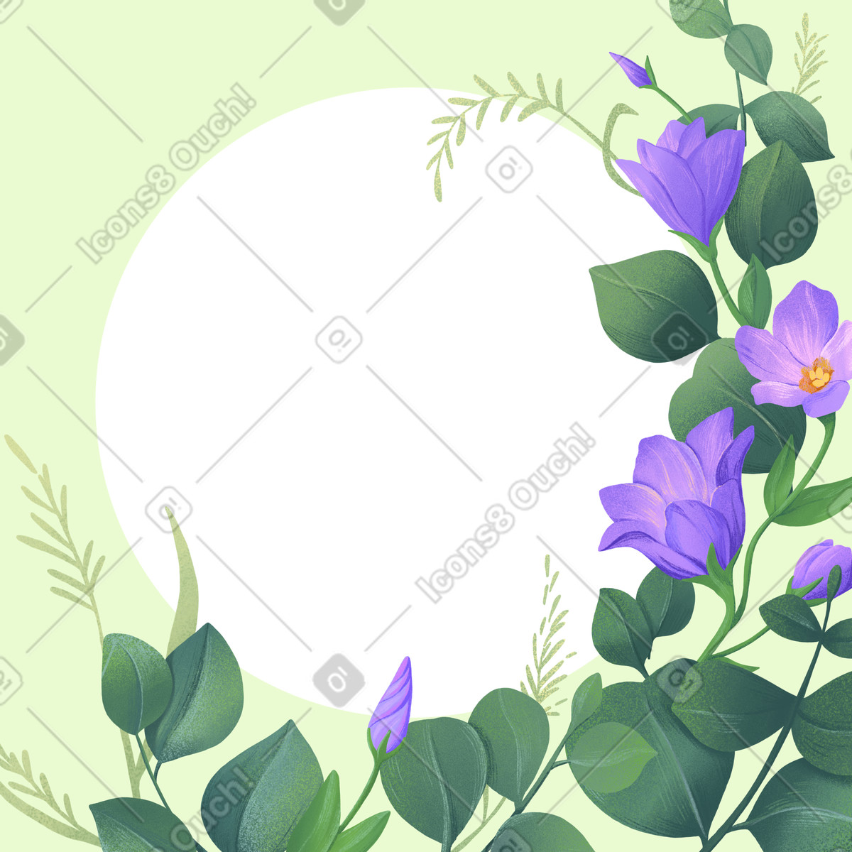 Illustration Feuillage vert et fleurs violettes espace de copie dans le style Floral à télécharger aux formats PNG, SVG
