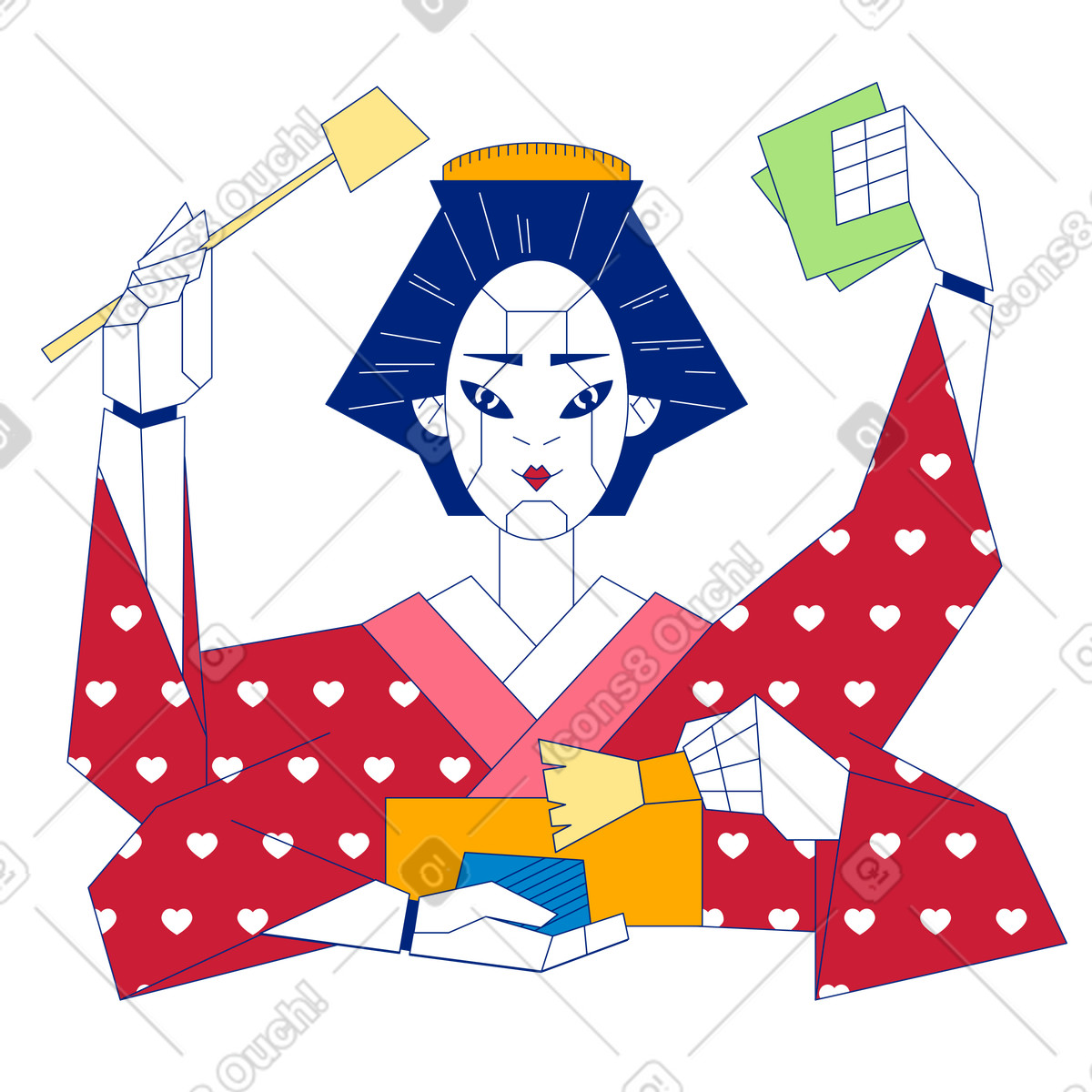 Robot geisha handling household chores illustration in Neo-Sakura style download in PNG, SVG