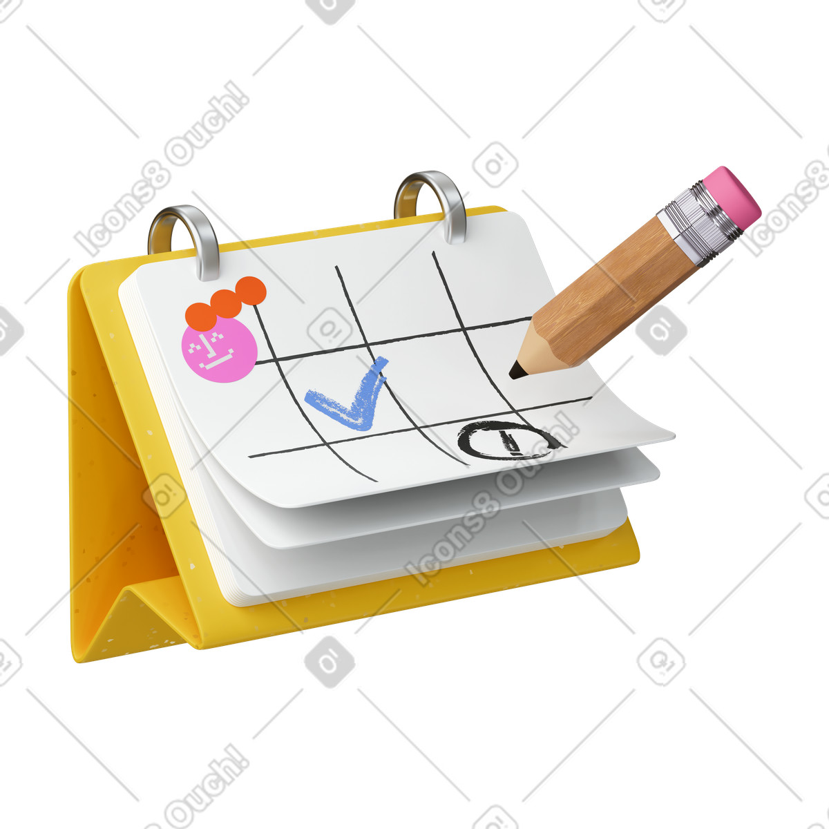 下载 3D Stickle 风格的 Calendar desk planner with wooden pencil marking important appointment date 插画，支持 PNG、SVG 格式