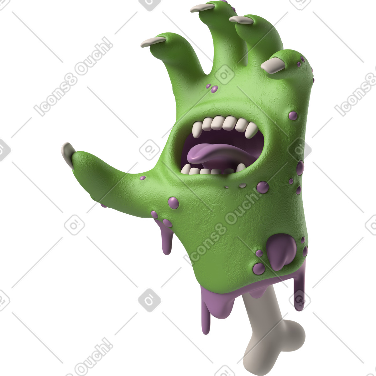 Screaming green zombie hand with a mouth on the palm illustration in 3D Hands Fun&Wild style download in PNG, SVG