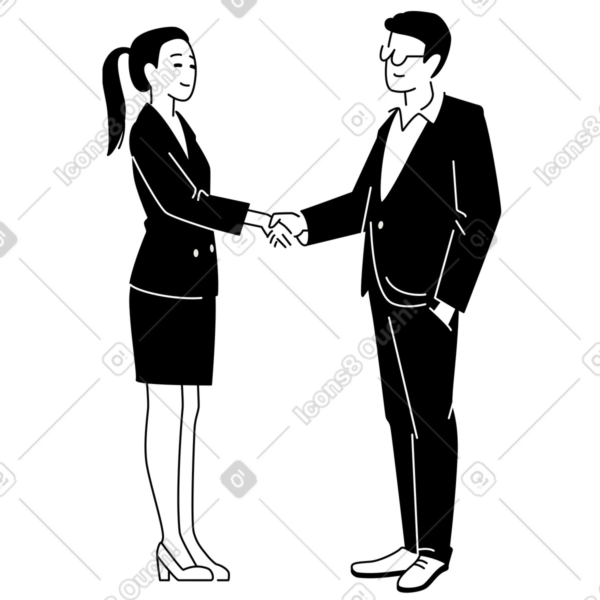 Office workers meeting and shaking hands, Business agreement or partnership concept animated illustration in Weekday style download in GIF, Lottie (JSON), AE