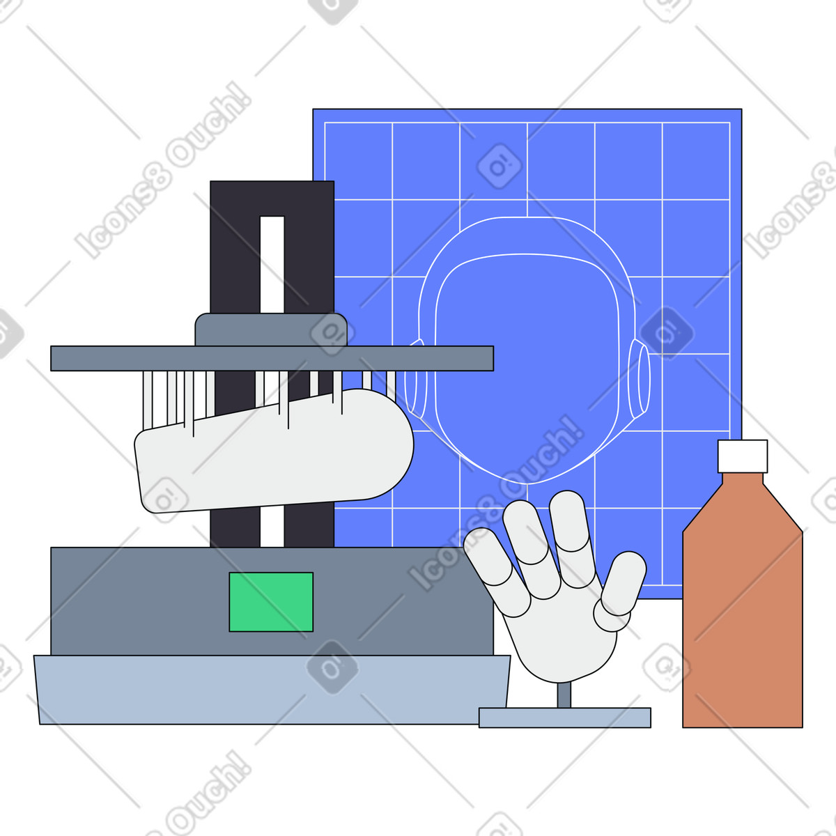 Ilustración Impresión 3d y planos de piezas robot, ingeniería robótica creación prototipos en estilo Teko a descargar en PNG SVG