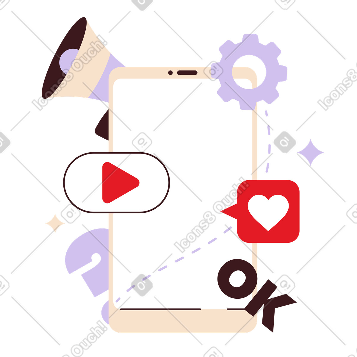 Ilustração de Smartphone with social icons and megaphone, Digital marketing online PR em no estilo Folks para baixar em PNG, SVG
