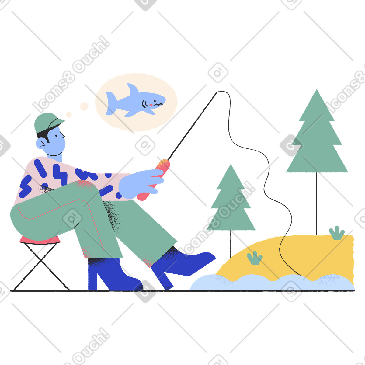 Illustration Pêcheur rêvant d'attraper un requin dans le style Pablo à télécharger aux formats PNG, SVG