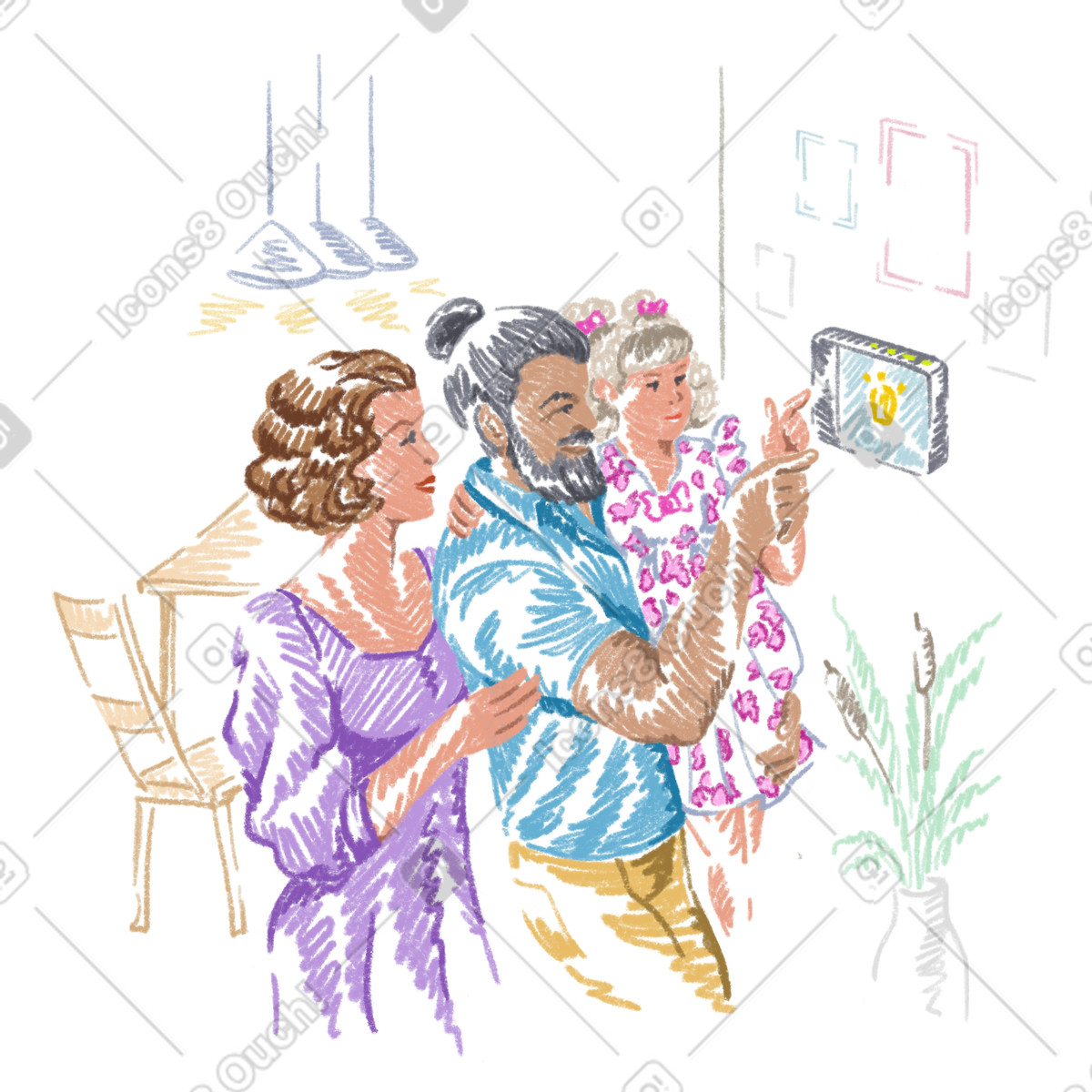 Family testing a smart home system illustration in Sketchbook style download in PNG, SVG
