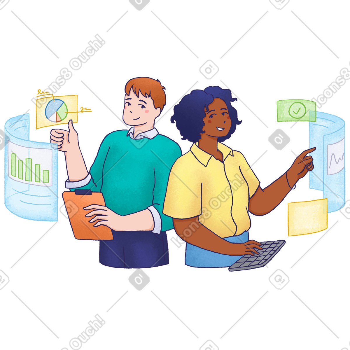 Man and woman working with virtual screens together illustration in Hue style download in PNG, SVG