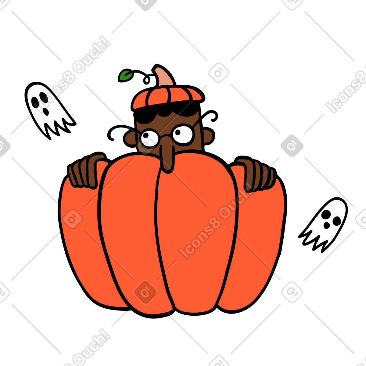 Man hiding from ghosts in Halloween pumpkin animated illustration Comic style download GIF, Lottie (JSON), AE