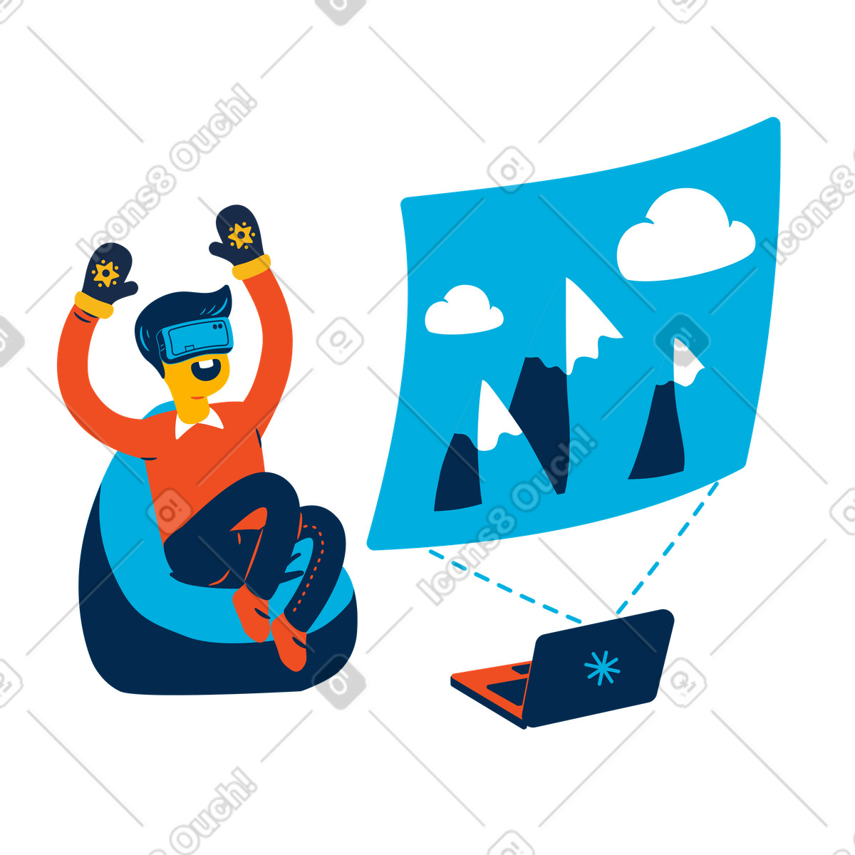 Illustration Un homme part en voyage réalité virtuelle dans les montagnes le style Flame à télécharger aux formats PNG, SVG