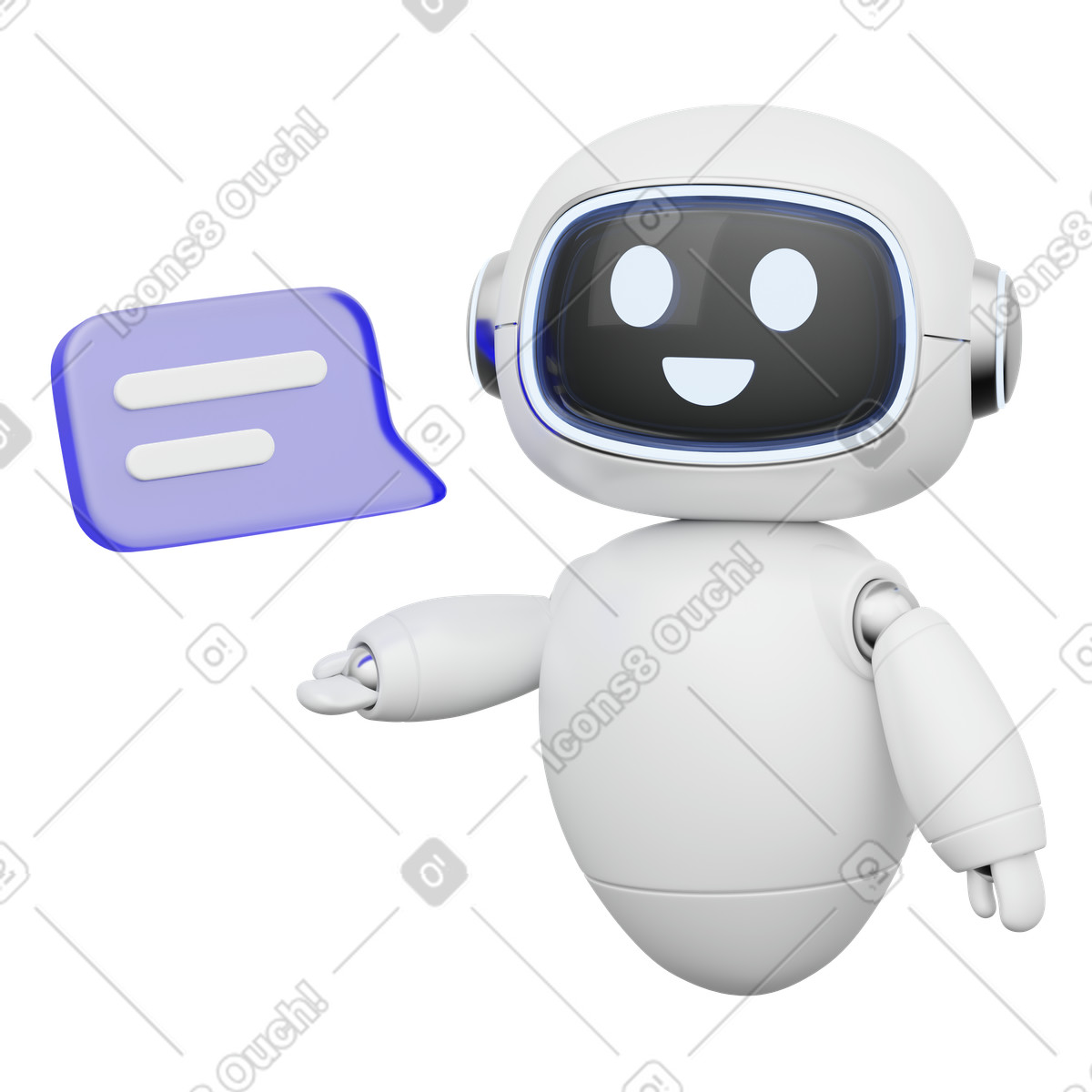 Friendly customer support virtual assistant robot pointing at speech bubble illustration in 3D Playful style download in PNG, SVG